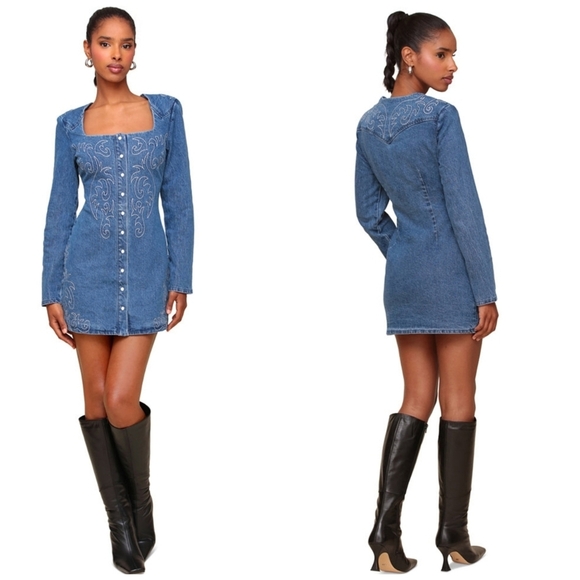 🔹️Avec Les Filles🔹️ Western Embroidered Denim Dress in Provence Wash - Picture 1 of 8